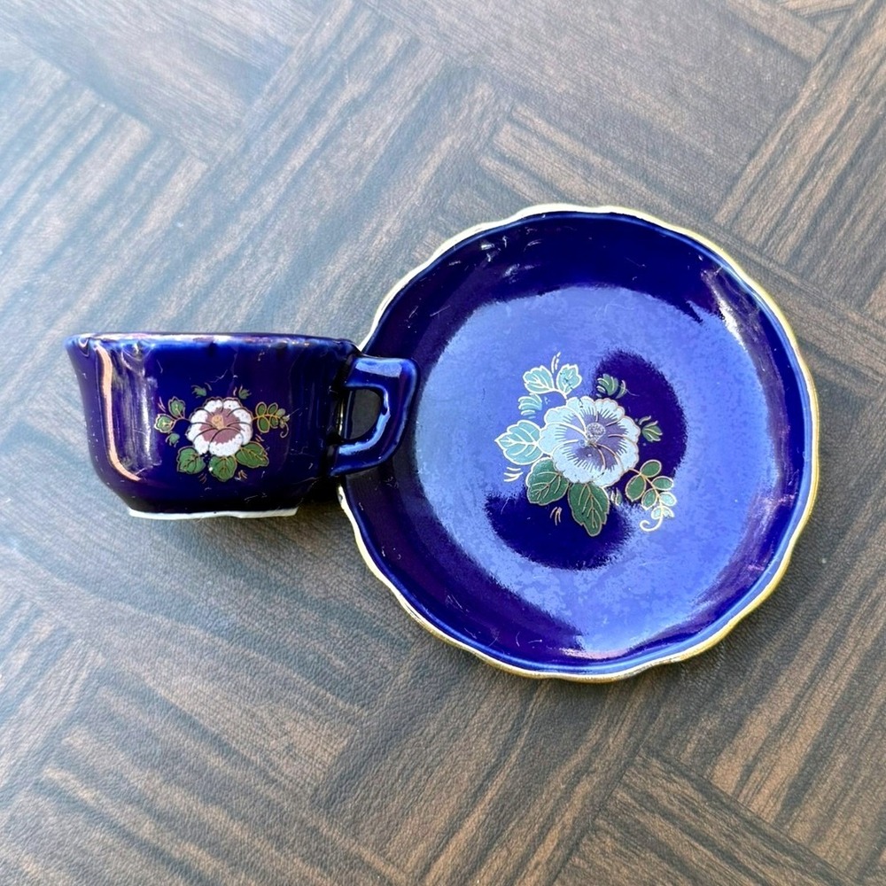 Vintage Cobalt Blue Floral Tea Cup and Saucer Set Gold Trim Scalloped Edge